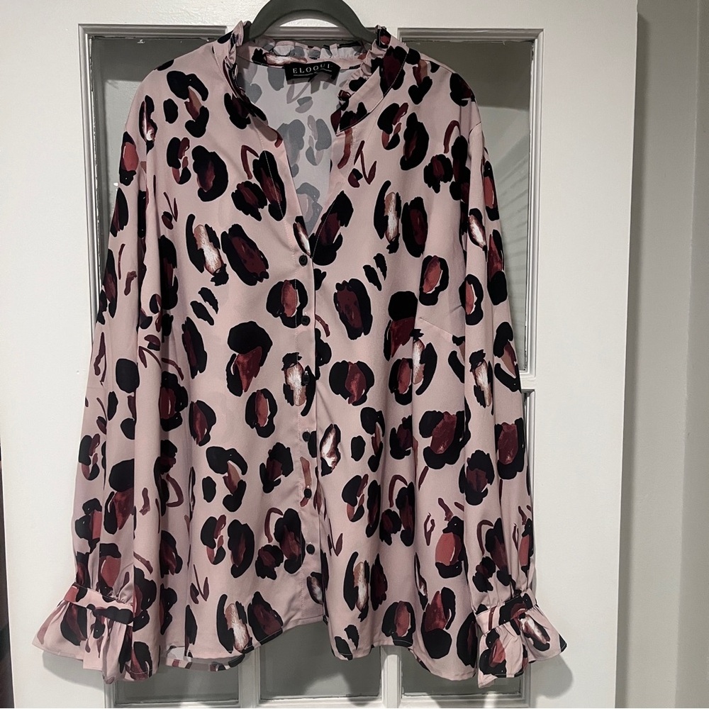 ELOQUII NWT Animal Print Button Down Shirt with Ruffle Neck Plus Sz 20